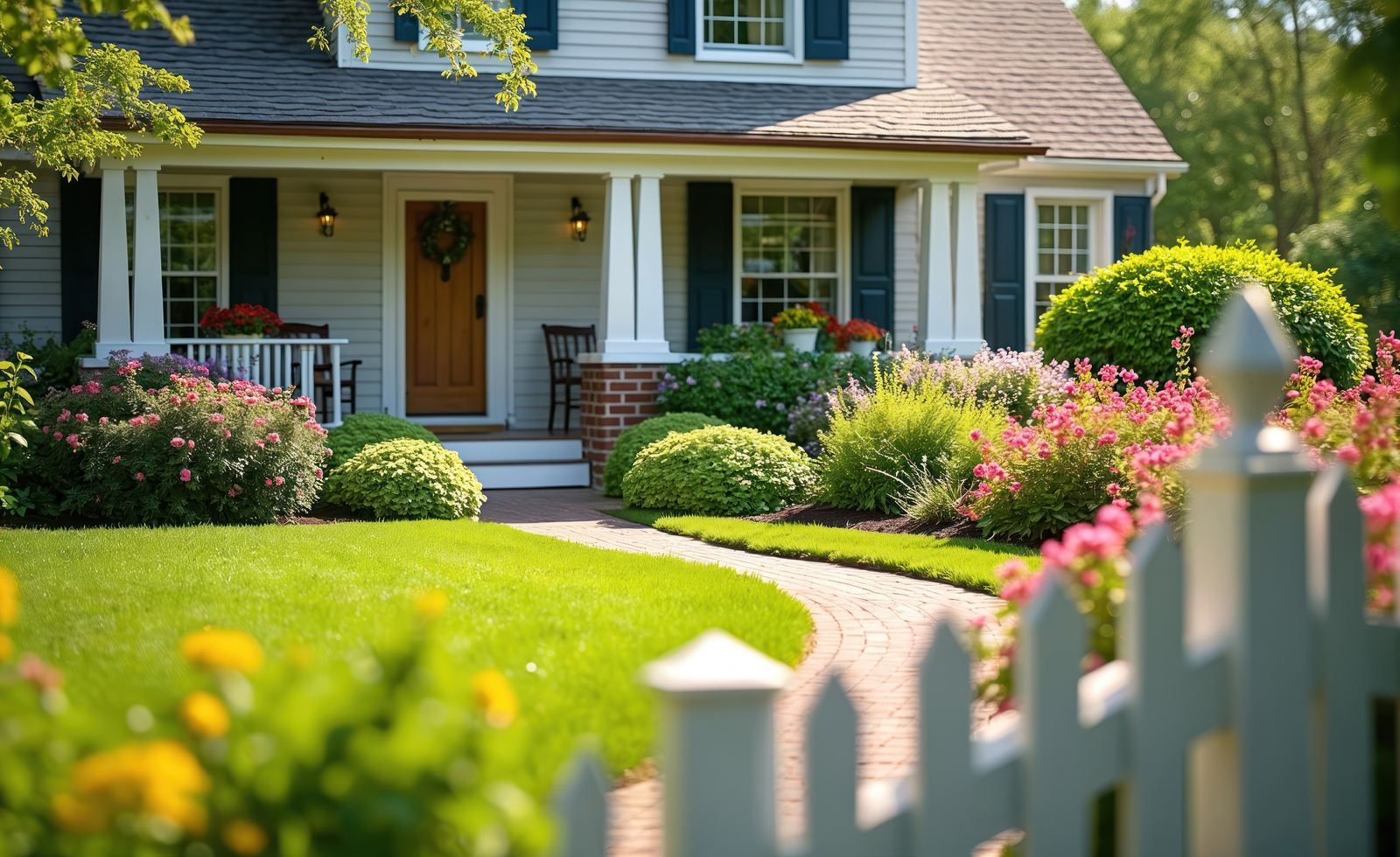 Welcoming front porch of a Long Island home at golden hour